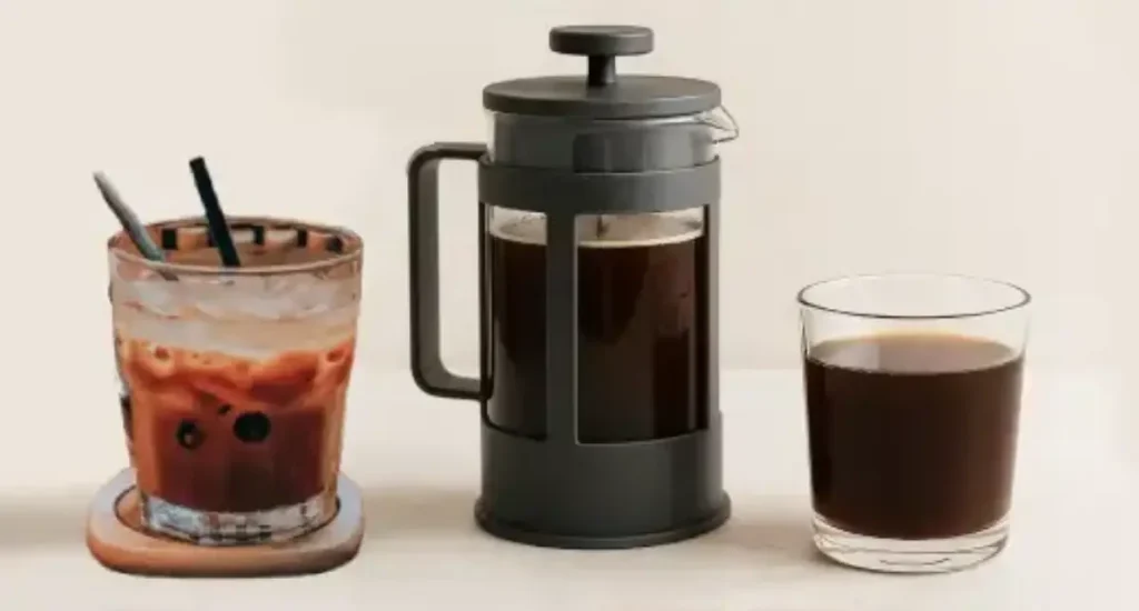 How to Make Cold Brew in a French Press ☕ 3 French Press alongside two glasses of iced brew coffee with ice, to show How to Make Cold Brew in a French Press