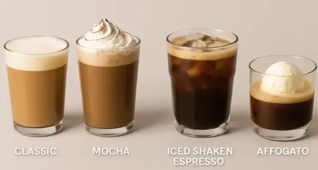 Espresso Drink Recipes to Try at Home ☕ 3 Four espresso drink recipes arranged together: Classic Latte, Mocha Latte, Iced Shaken Espresso, and Affogato, each with unique toppings and presentation.