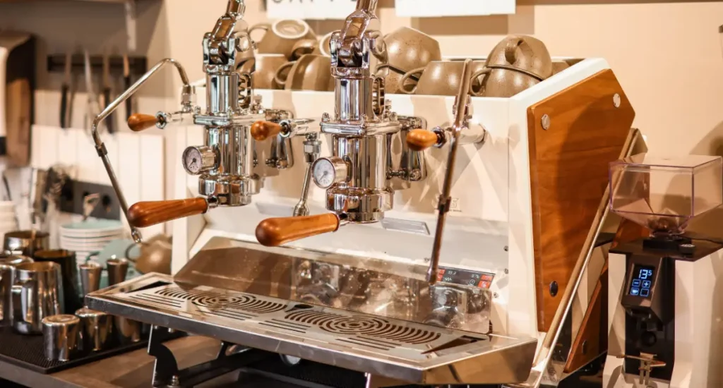 Top Double Boiler Espresso Machines for Home Use 🚀 199 Close-up of a double boiler espresso machine with steam wand and grouphead
