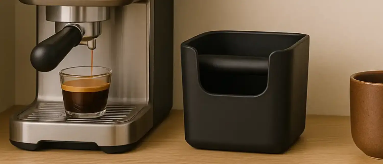 How to Use an Espresso Knock Box (Beginner Guide)☕ 2 Espresso knock box next to an espresso machine and coffee cup on a kitchen counter