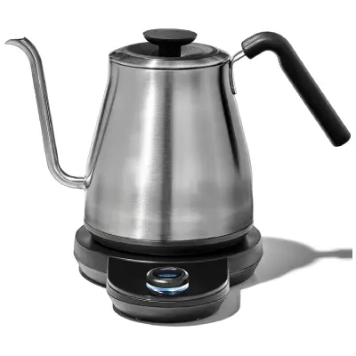 OXO Brew – Budget-Friendly Gooseneck Kettle with Adjustable Temperature OXO Brew adjustable temperature gooseneck kettle with LCD screen and brushed steel finish