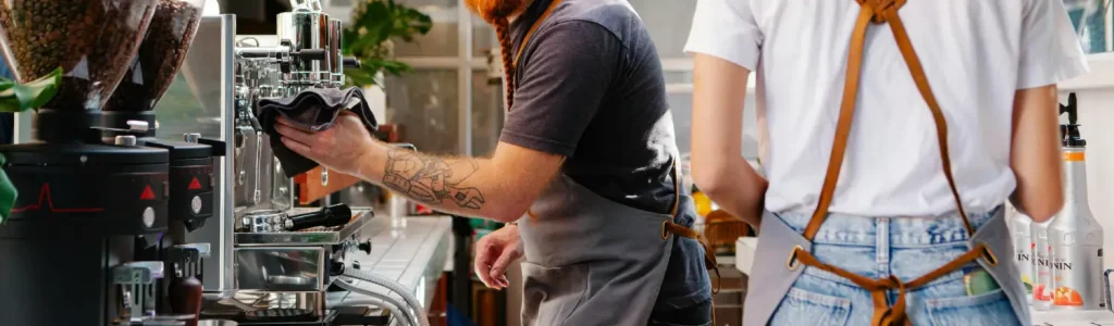 Maintaining Your Espresso Equipment: Keep Your Gear in Top Shape ☕ 157 Barista cleaning an espresso machine with a cloth at a café