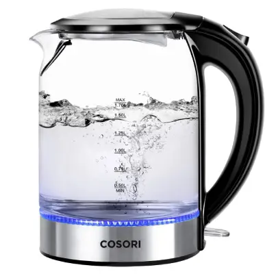 COSORI Glass Kettle – Fast Boiling Kettle for Everyday Use COSORI electric glass kettle with blue LED indicator and BPA-free design