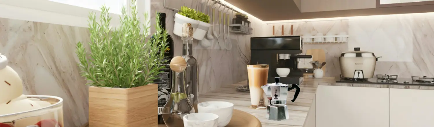 Espresso vs Moka Pot: What’s the Difference? 2 Home coffee setup with an espresso machine and Moka pot on a kitchen bench, surrounded by cups and a small plant.