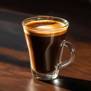 Popular Espresso Drinks Explained: A Beginner's Guide 12 A freshly brewed lungo coffee in a small espresso cup with a layer of crema on top, served on a wooden table.