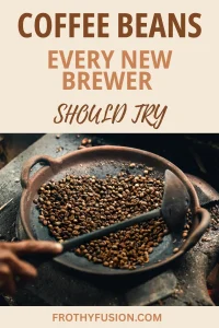 🌟Beginner Coffee Beans ☕ Easy Picks for Your First Brews 3 Pinterest pin graphic showing “5 Beginner-Friendly Coffee Bean Picks” in stylish coffee-themed design, perfect for new home brewers