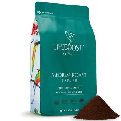 Lifeboost Organic Medium Roast Coffe Packet of Lifeboost Organic Medium Roast Coffee showing the signature clean, low-acid, single-origin packaging.