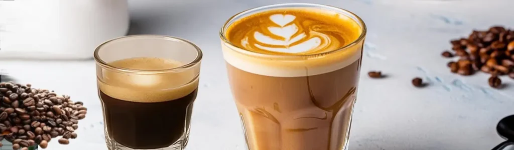 ☕ Macchiato vs Latte: Understanding Espresso Milk Drinks 56 Macchiato and latte side by side on a wooden bench, showing the difference in size and milk content
