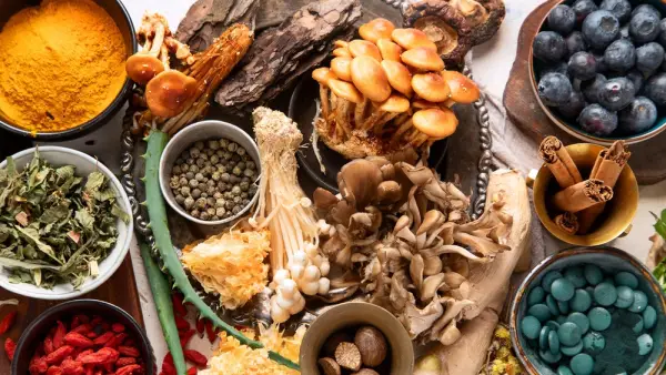 Adaptogens for Stress & Focus โ Mushrooms, Berries, and Herbal Roots Collection of adaptogens including medicinal mushrooms, berries, roots, and herbs arranged on a wooden surface.