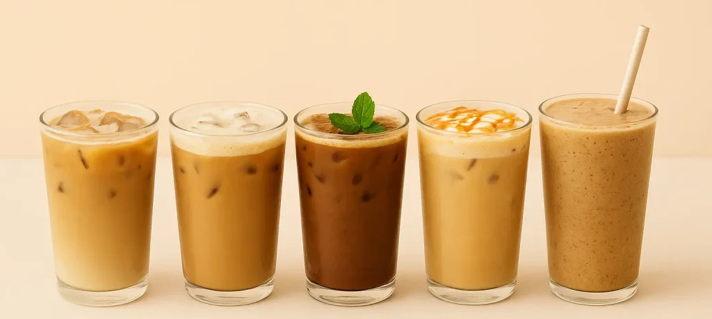 five-iced-coffees Five iced coffee drinks—classic iced latte, vanilla almond iced coffee, mocha mint iced coffee, coconut caramel iced coffee, and an iced coffee smoothie—arranged side by side for an iced coffee upgrades recipe guide.