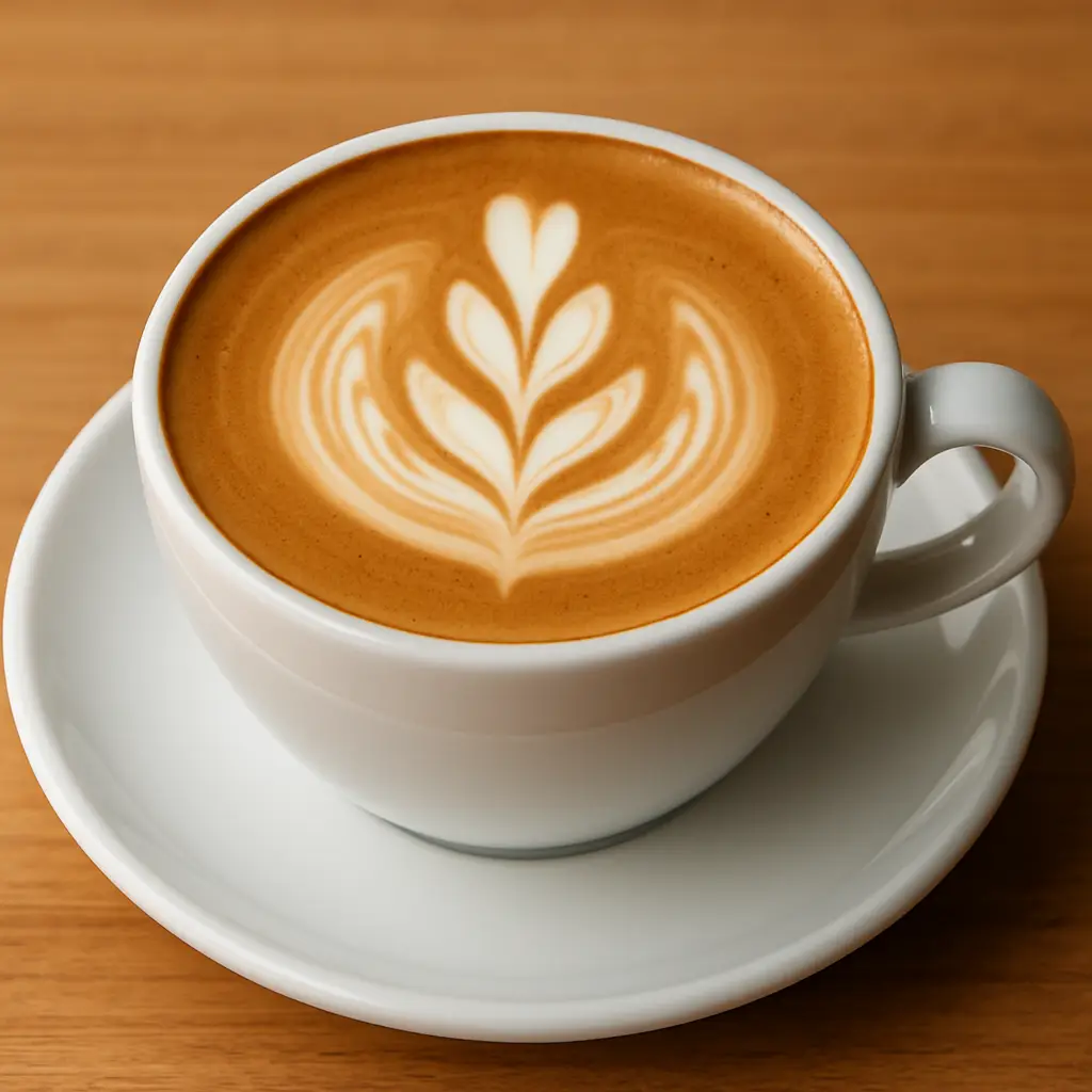 Flat White Coffee with Silky Microfoam Flat white coffee in a glass cup with creamy microfoam on a wooden table