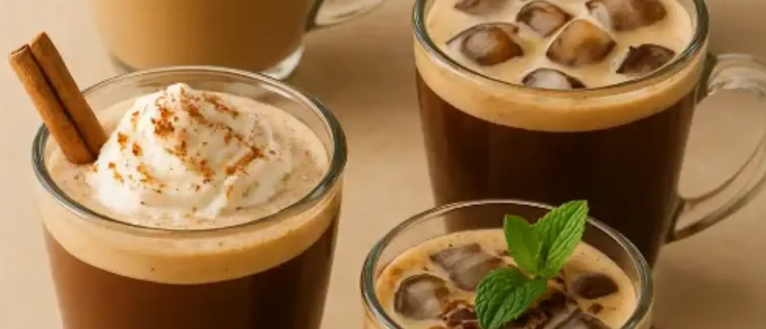 12 Mocha Variations to Try (Hot & Iced Recipes) 2 Four mocha variations including iced, mint, coconut, and peanut butter, served in glass cups on a rustic table.