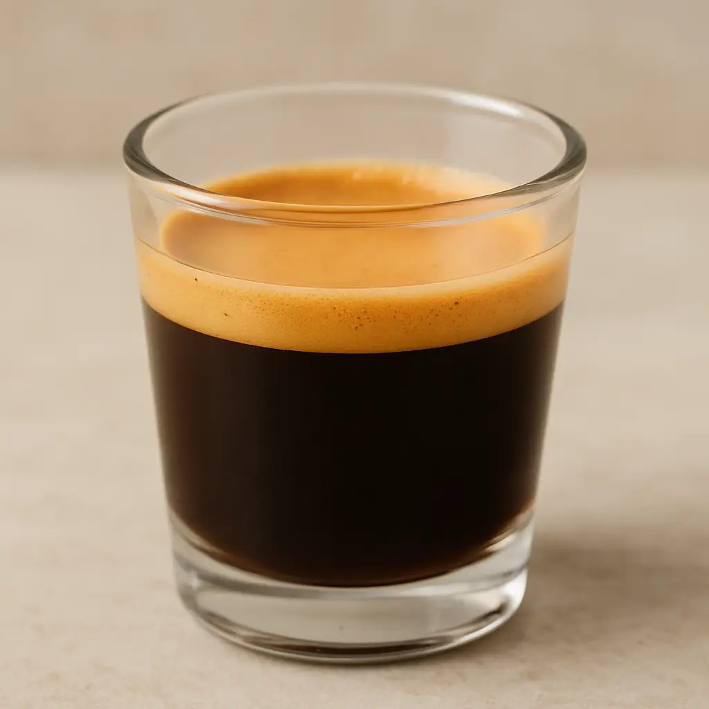Ristretto Shot with Golden Crema A rich ristretto shot topped with velvety golden crema in a small espresso cup