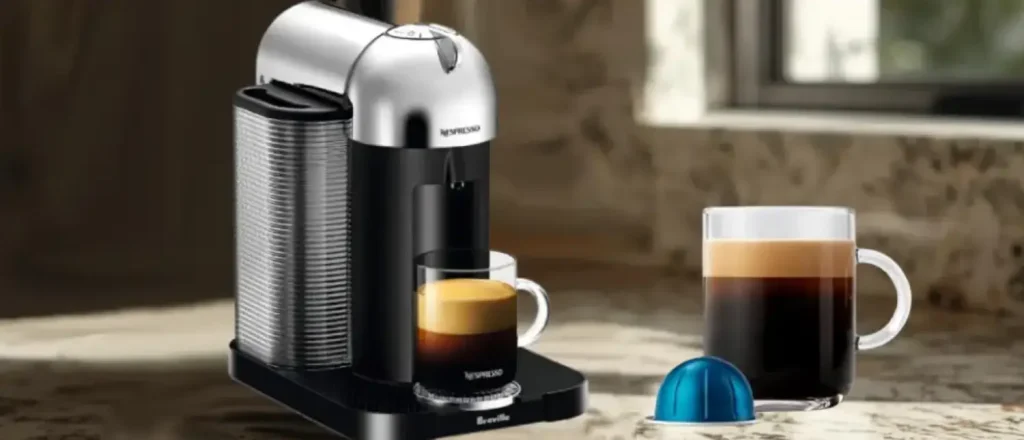 Nespresso Vertuo Review (2026): Is It Worth Buying 106 Nespresso Vertuo Review showing the coffee machine on a kitchen bench with a freshly brewed coffee and Vertuo capsule.