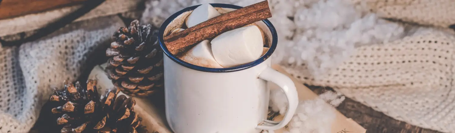 ☕ 10 Cozy Winter Coffee Drinks to Warm You Up This Season ❄️ 2 A cozy cup of creamy hot chocolate surrounded by Christmas pine cones, a warm blanket, and festive holiday decor.