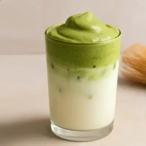 Dalgona Matcha Latte Recipe โ Fluffy Whipped Green Tea Latte at Home A glass of Dalgona Matcha Latte at home, topped with fluffy whipped matcha foam over iced milk, styled on a cream-colored background.