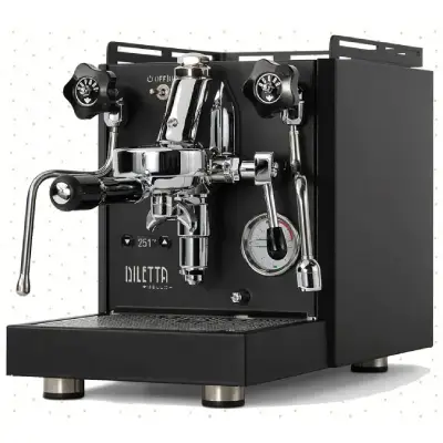 Diletta Bello+ Espresso Machine in stainless steel finish Diletta Bello+ Espresso Machine with polished stainless-steel body and E61 group head on a kitchen counter