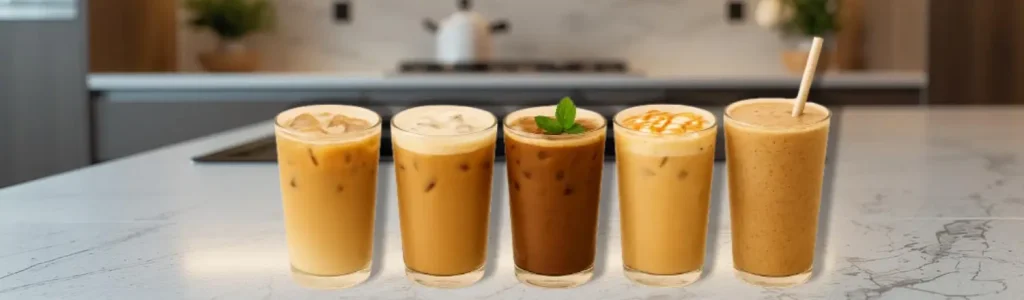 🌞 Iced Coffee Upgrades: Refreshing Recipes for Warm Days 43 Five iced coffee drinks—classic iced latte, vanilla almond iced coffee, mocha mint iced coffee, coconut caramel iced coffee, and an iced coffee smoothie—arranged side by side for an iced coffee upgrades recipe guide.