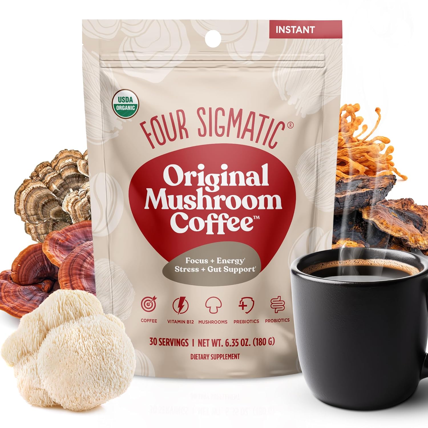 Four Sigmatic Mushroom Coffee – Boost Your Energy Naturally Cup of Four Sigmatic Mushroom Coffee with packaging on a wooden table