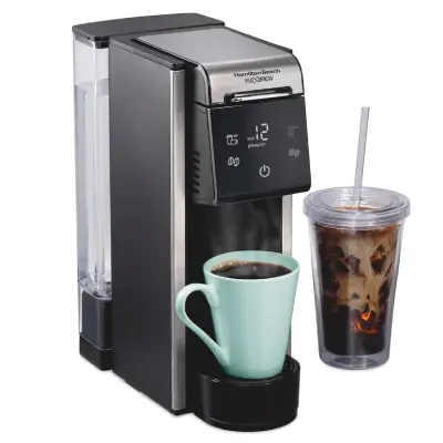 Hamilton Beach FlexBrew Single-Serve Coffee Maker – Works with K-Cups or Ground Coffee Hamilton Beach FlexBrew single-serve coffee maker with mug and coffee pods on kitchen counter