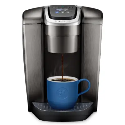 Keurig K-Elite Single Serve Coffee Maker – Versatile 4-12oz Brew Sizes, Strong & Iced Options Keurig K-Elite single-serve coffee maker on a kitchen counter brewing a fresh cup