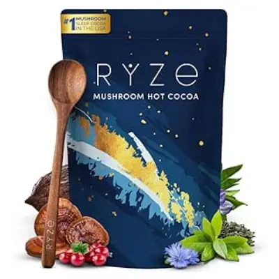 Ryze Cocoa Mushroom Coffee Alternative Ryze Cocoa mushroom coffee blend in pouch beside a steaming chocolate drink on a rustic table.