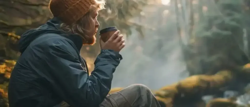 Ryze Coffee Flavors Compared – Find Your Perfect Blend Man enjoying a cup of Ryze mushroom coffee beside a peaceful stream outdoors