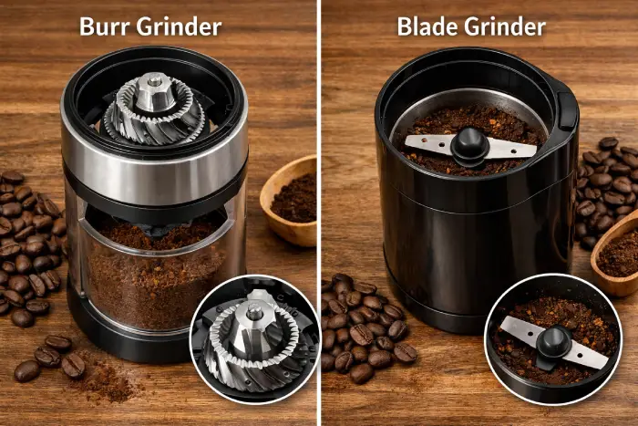 Burr VS Blade Coffee Grinder Side by Side Comparison chart between a Burr Grinder and a Blade Grinder