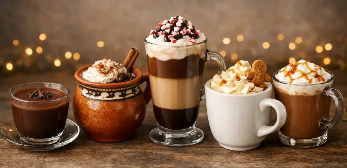 Decadent Chocolate Drinks for Winter – Cozy Hot Chocolate Collection Five decadent winter chocolate drinks lined up side by side, including European drinking chocolate, Mexican hot chocolate, peppermint mocha, white chocolate gingerbread steamer, and salted caramel hot cocoa.