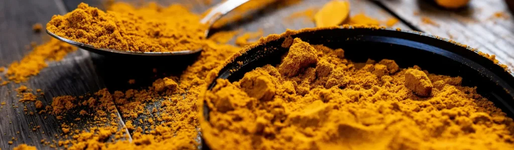 Top Superfood Coffee Add-Ins for Energy 💫 74 Turmeric powder in a bowl and spoon used as a superfood add-in for energising coffee
