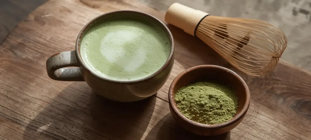 Matcha Latte vs Matcha Tea with Traditional Matcha Tools Matcha latte beside a bowl of matcha powder with a bamboo whisk on a wooden table