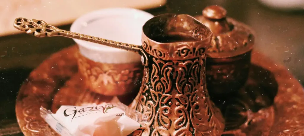 Best Coffees for Turkish-Style Brewing 35 Traditional Turkish coffee setup with brass tray, cezve pot, serving jug, and coffee cup