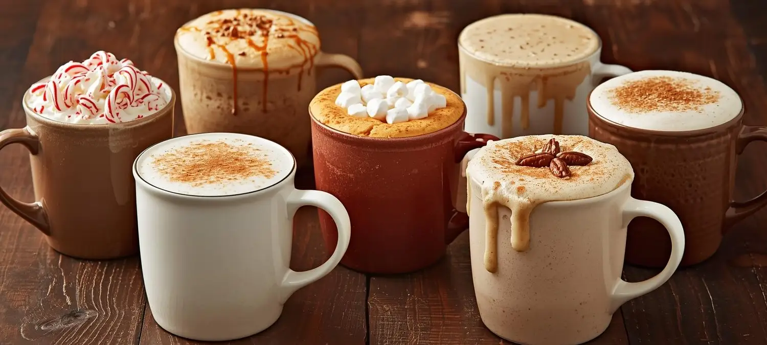 Winter Latte Flavors You Need to Try ❄️☕ 2 Seven cozy winter latte flavors served on a table, including peppermint mocha, gingerbread, caramel, and chai lattes