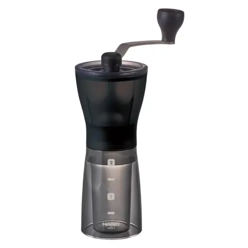 Hario Mini Slim compact hand coffee grinder Hario Mini Slim manual coffee grinder with clear body and ceramic burrs