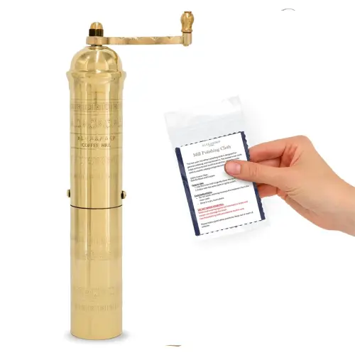 Traditional brass Turkish coffee grinder for extra-fine grinding Brass Turkish coffee grinder with decorative engraved metal body and hand crank