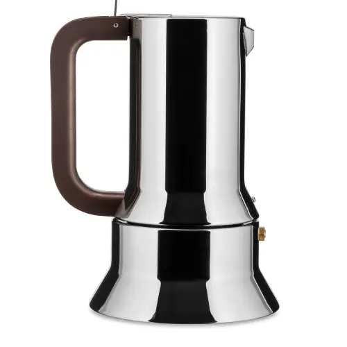 Alessi 9090 Stovetop Espresso Maker – Stainless Steel Moka Pot Alessi 9090 stainless steel moka pot on stovetop, classic Italian espresso maker design