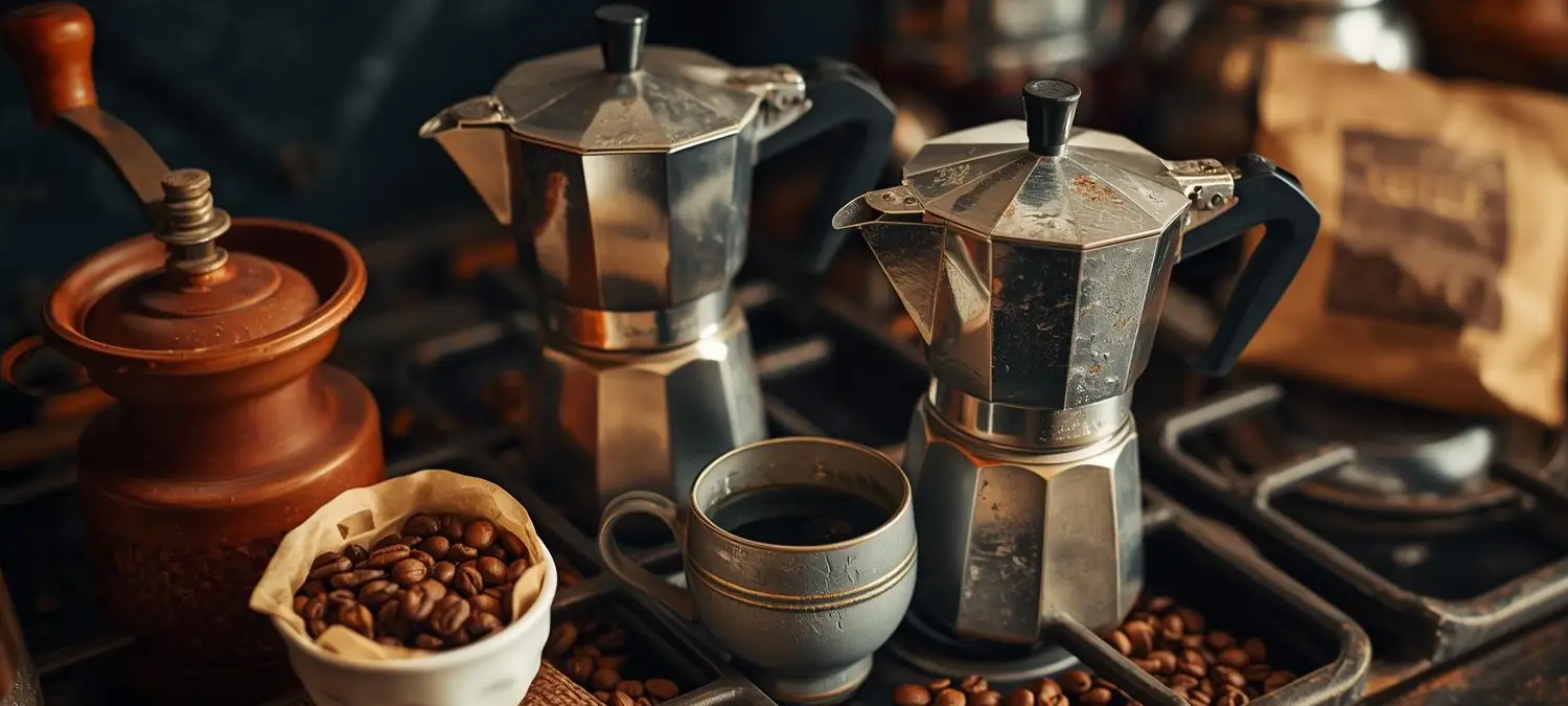 Best Stovetop Coffee Makers for Home Baristas ☕ 2 Best stovetop coffee makers for home baristas including classic and stainless steel moka pot style brewers on a kitchen bench