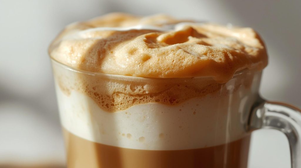 Dalgona Coffee: The Fluffy Whipped Coffee Trend Explained ☁️ 31 Close-up of fluffy whipped Dalgona coffee foam on top of a glass of milk