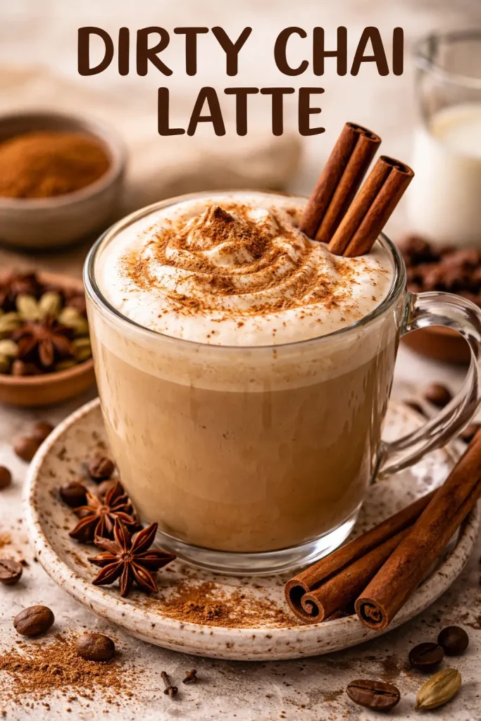 Dirty Chai Latte – Easy Homemade Recipe Dirty chai latte with espresso and spiced chai tea topped with creamy milk foam