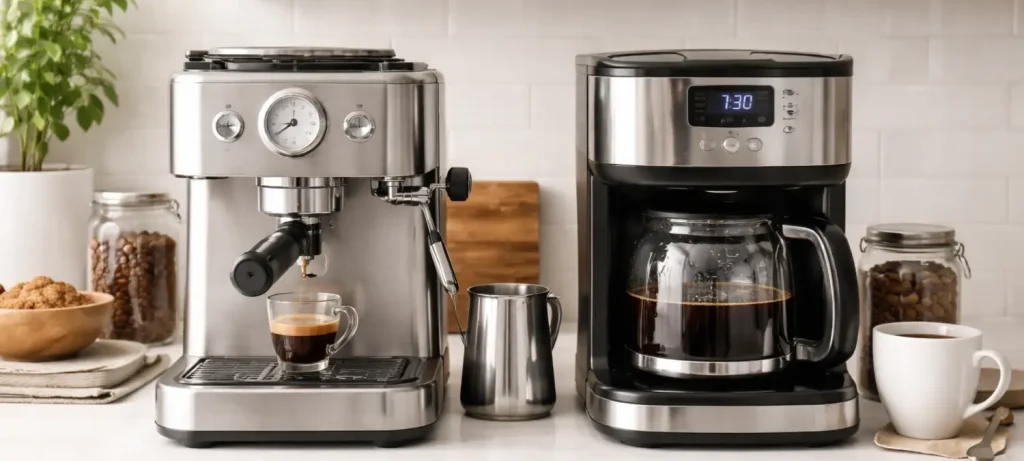 Espresso Machine vs Coffee Maker: What’s the Difference? ☕🤔 30 Espresso machine and drip coffee maker side by side on a white kitchen bench brewing coffee