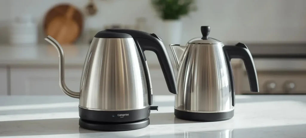 Gooseneck Kettle vs Standard Kettle: Which One is Right for You? 32 Gooseneck kettle and standard kettle side by side on a kitchen bench for home coffee brewing comparison