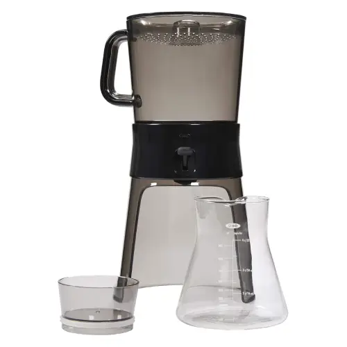 Best Coffee Makers for Cold Brew at Home π‘ 3 OXO Good Grips cold brew coffee maker with glass carafe and stainless steel filter on kitchen bench