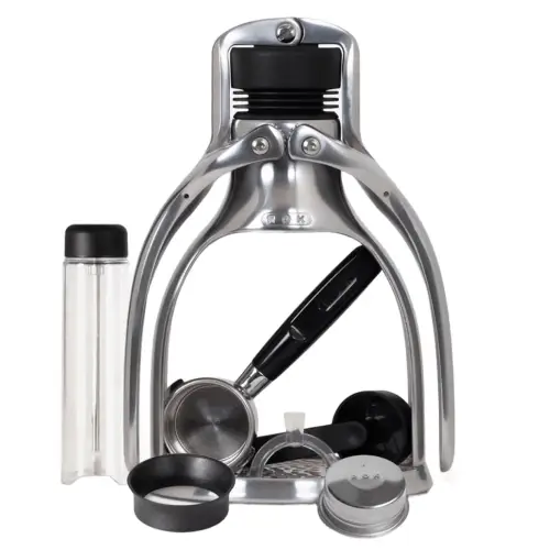 ROK EspressoGC Manual Espresso Maker – Best Manual Espresso Machines ROK EspressoGC Manual Espresso Maker showing its eco-friendly aluminum frame and dual-lever design.