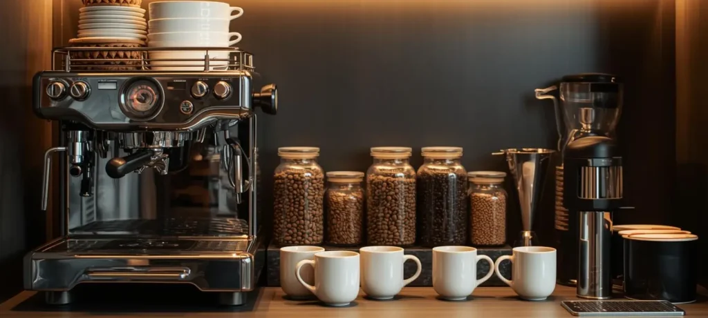Stylish Coffee Station Accessories That Work ☕✨ 71 stylish home coffee station with espresso machine glass jars mugs and wooden accessories on kitchen counter