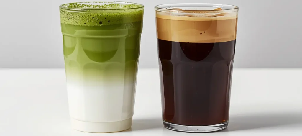 Matcha vs Coffee: Which One Is Better for You? 🍵 30 Matcha vs coffee comparison showing a glass of green matcha drink beside a glass of black coffee