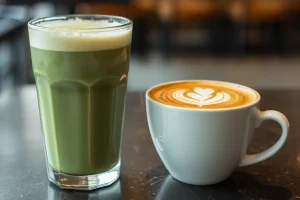 matcha-vs-coffee-img Glass of matcha next to a cup of coffee showing visual difference between matcha vs coffee drinks