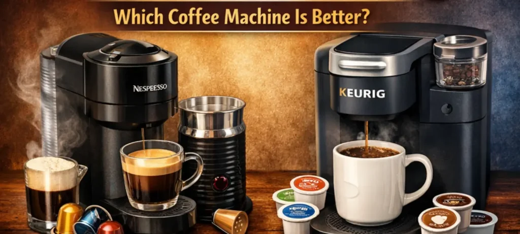 Nespresso vs Keurig: Which Coffee Machine Is Better in 2026? 66 Nespresso vs Keurig coffee machines side by side showing espresso vs drip coffee comparison
