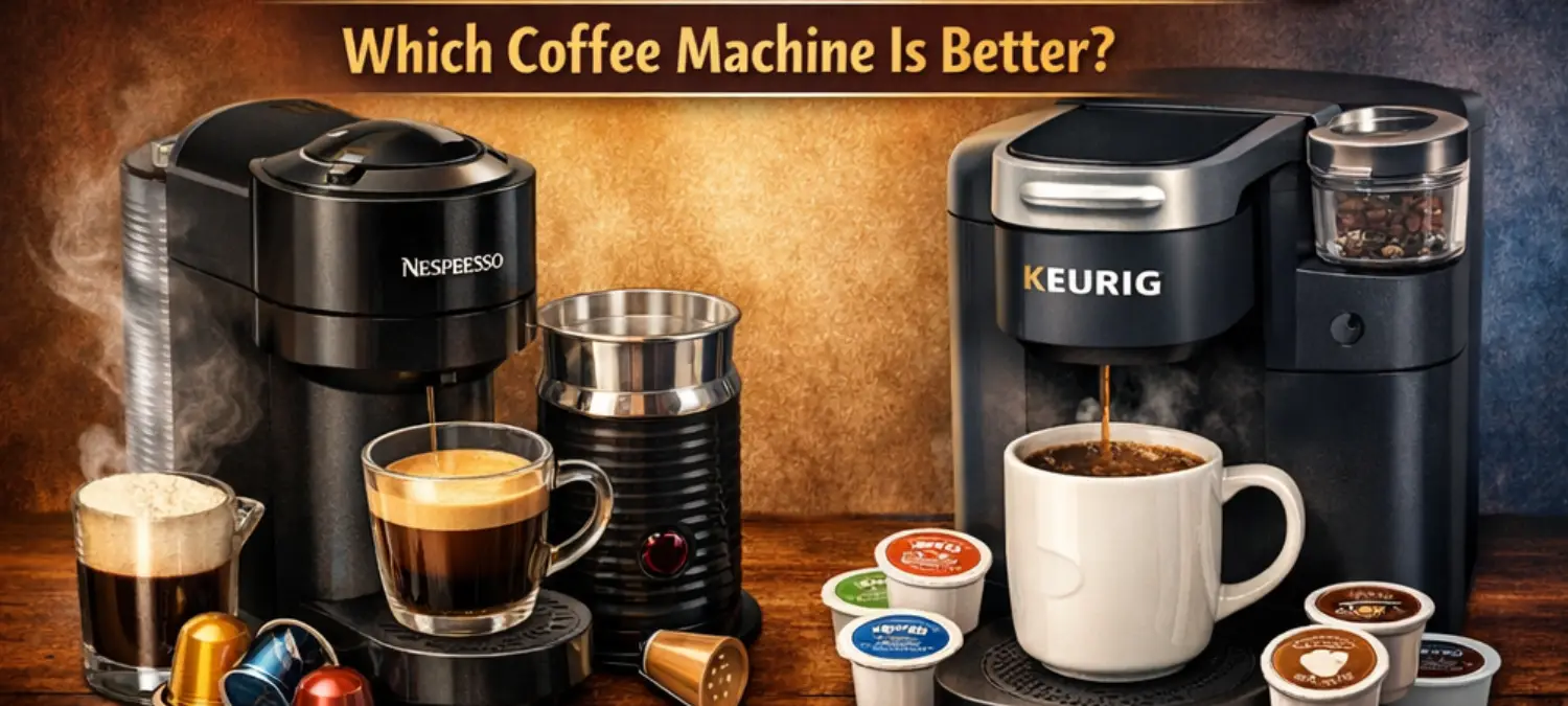 Nespresso vs Keurig: Which Coffee Machine Is Better in 2026? 2 Nespresso vs Keurig coffee machines side by side showing espresso vs drip coffee comparison