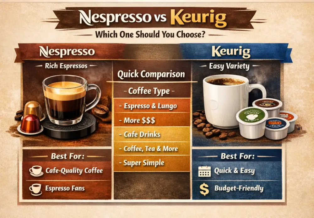 Nespresso vs Keurig Comparison Infographic (Taste, Cost & Convenience) Nespresso vs Keurig infographic comparing taste cost pods convenience and drink variety