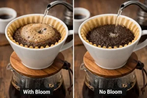 Pour-Over Coffee Bloom vs No Bloom Comparison Side-by-side pour-over coffee comparison showing bloom vs no bloom with visible gas release and extraction differences